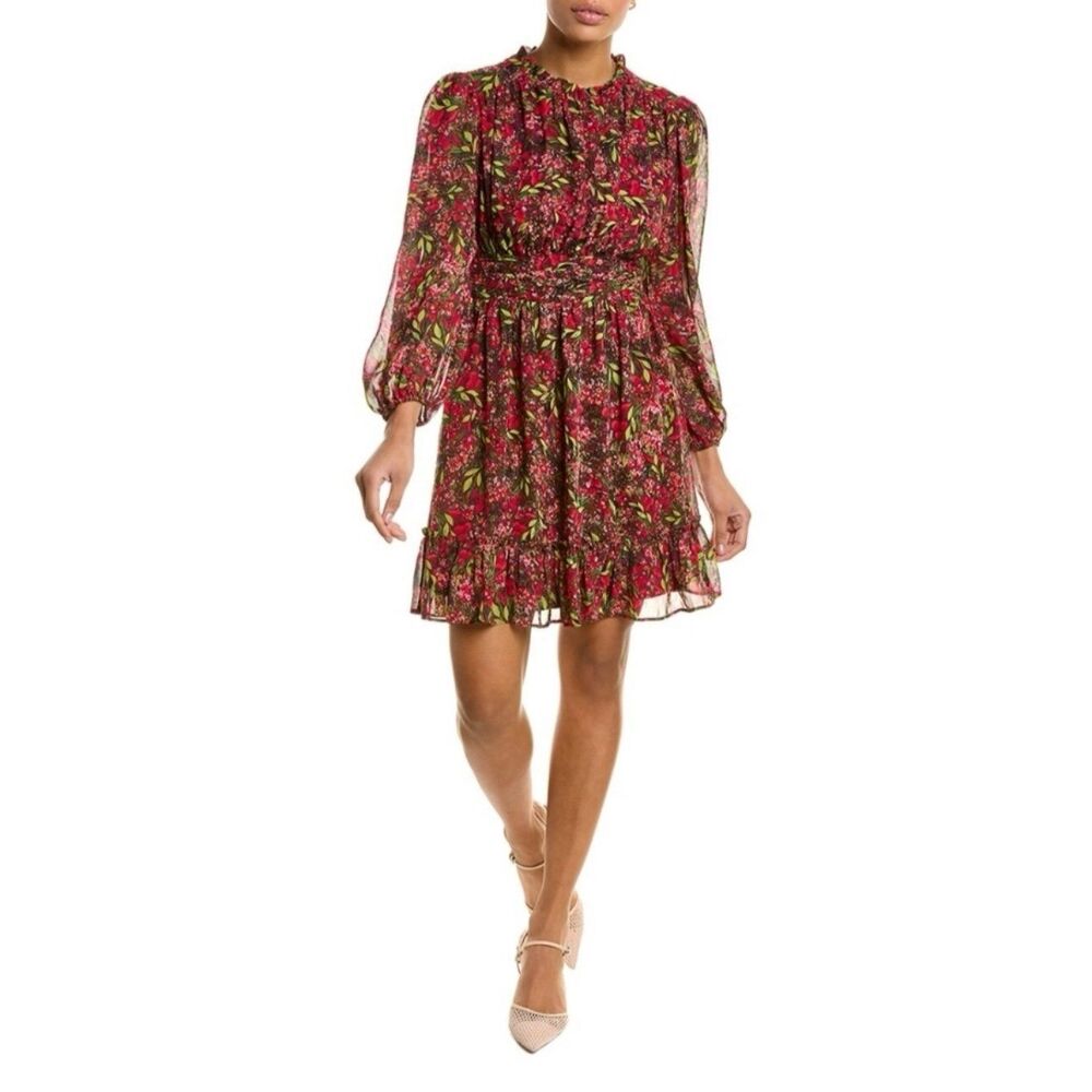 Julia Jordan Peasant Floral Gathered High Ruffle Neck Sheer Sleeves Mini Dress 8